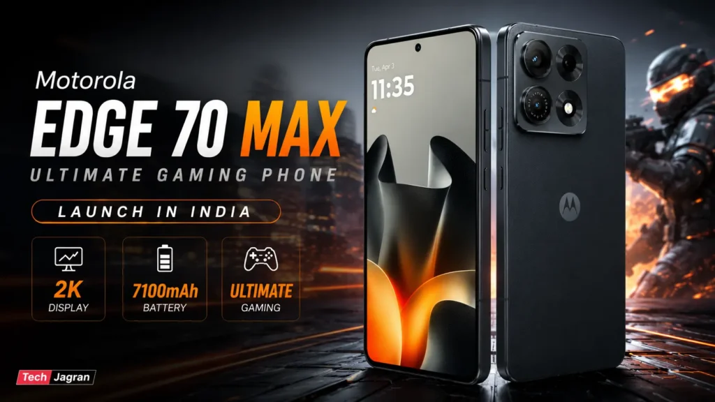 Motorola Edge 70 Max: Flagship Gaming Beast with Snapdragon 8 Gen 5. Motorola Edge 70 Max in Aqua Gray showing flat 2K AMOLED display and aluminum frame design.
