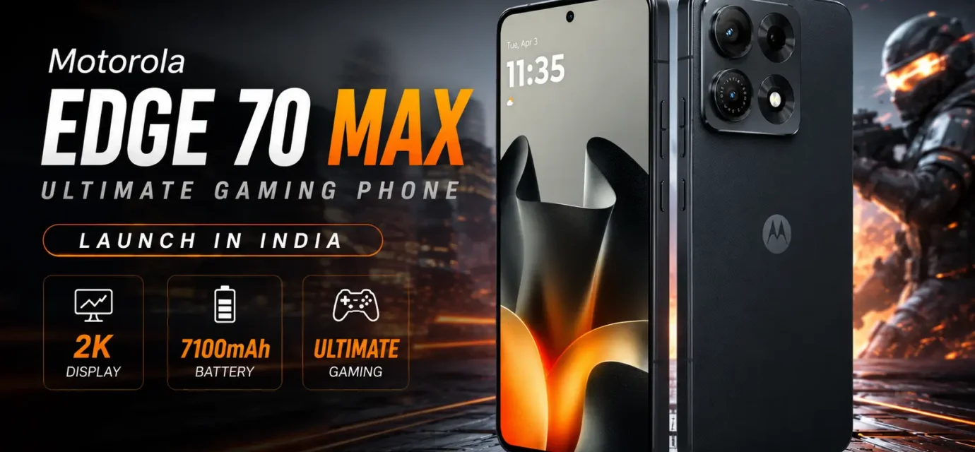 Motorola Edge 70 Max in Aqua Gray showing flat 2K AMOLED display and aluminum frame design.