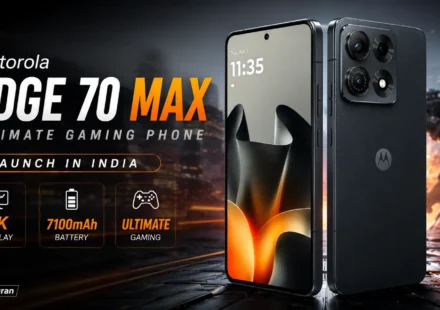 Motorola Edge 70 Max in Aqua Gray showing flat 2K AMOLED display and aluminum frame design.