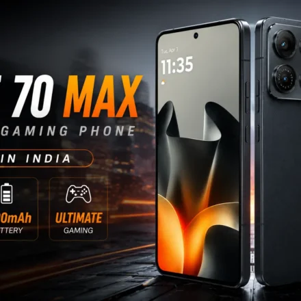 Motorola Edge 70 Max in Aqua Gray showing flat 2K AMOLED display and aluminum frame design.