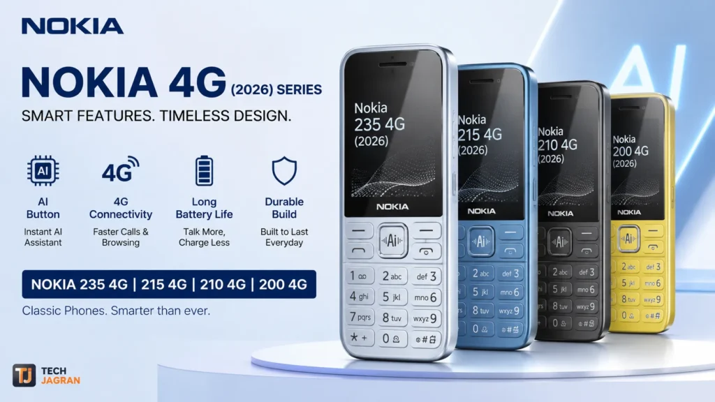 Nokia 235 4G 2026 and Nokia 215 4G 2026 feature phones highlighting physical keypads and the dedicated AI button.