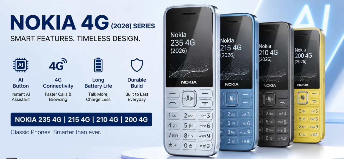 Nokia 235 4G 2026 and Nokia 215 4G 2026 feature phones highlighting physical keypads and the dedicated AI button.