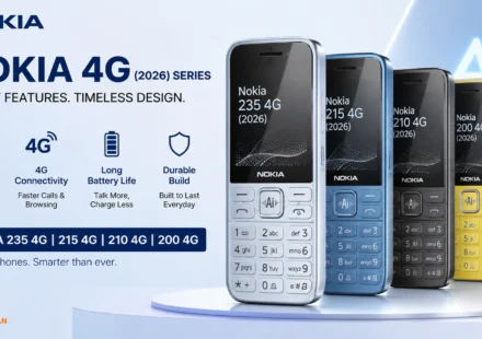 Nokia 235 4G 2026 and Nokia 215 4G 2026 feature phones highlighting physical keypads and the dedicated AI button.