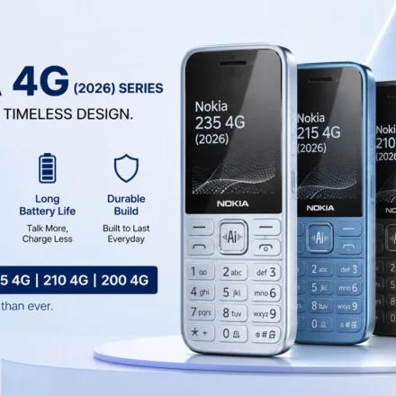 Nokia 235 4G 2026 and Nokia 215 4G 2026 feature phones highlighting physical keypads and the dedicated AI button.