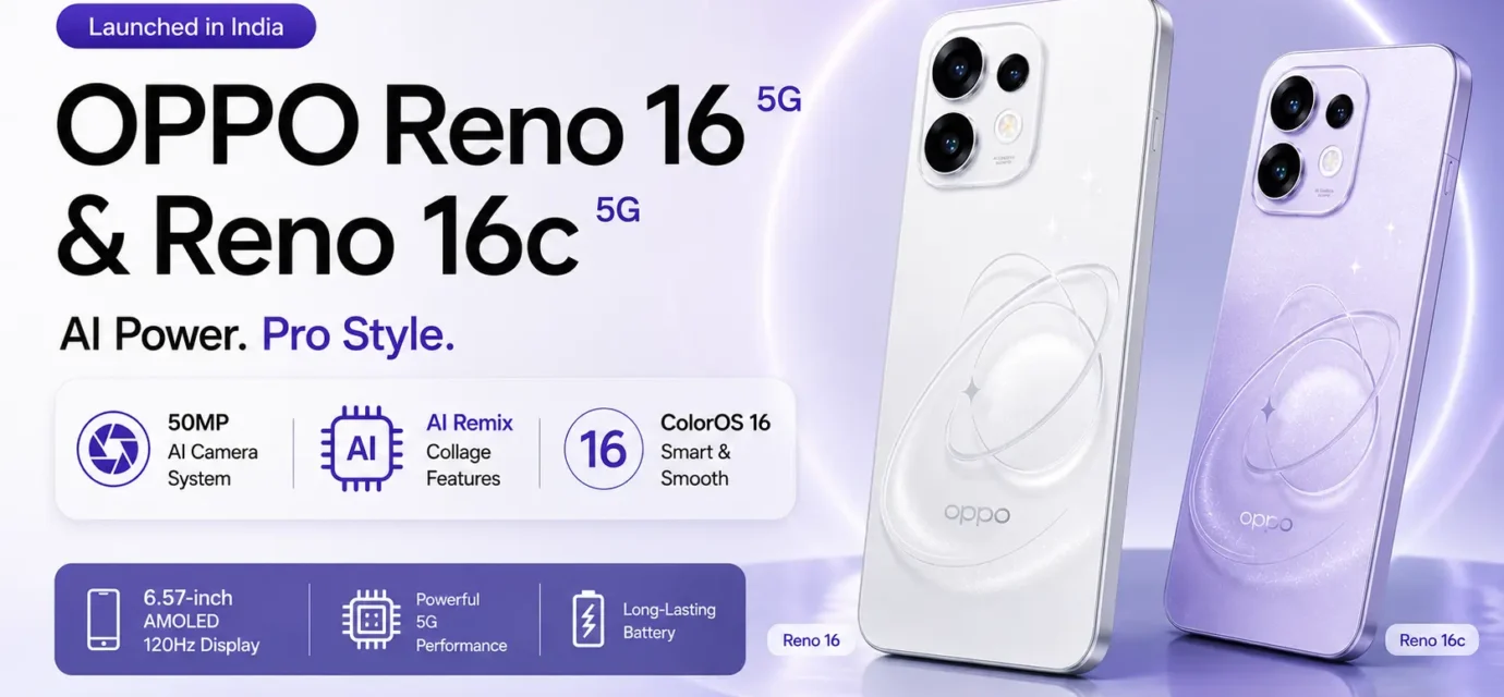 OPPO Reno 16 and Reno 16c in Starry White and Stellar Purple featuring a 50MP triple camera setup.