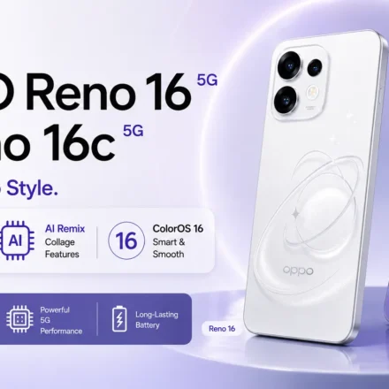 OPPO Reno 16 and Reno 16c in Starry White and Stellar Purple featuring a 50MP triple camera setup.