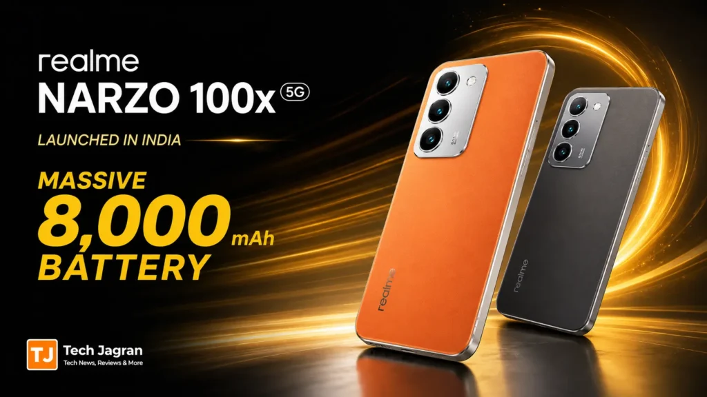 Realme Narzo 100x 5G in Flash Orange and Midnight Black featuring an 8,000mAh battery and a 144Hz display.
