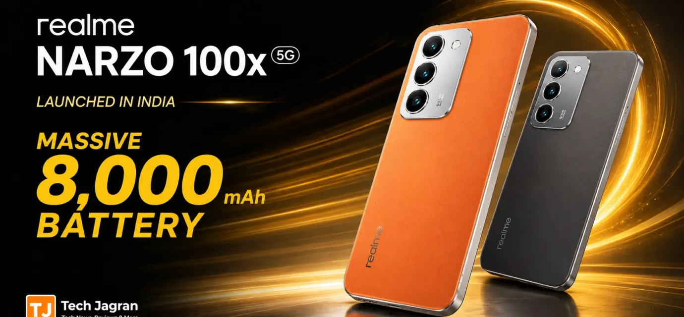 Realme Narzo 100x 5G in Flash Orange and Midnight Black featuring an 8,000mAh battery and a 144Hz display.