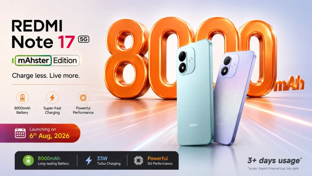Redmi Note 17 in blue featuring a massive 8000mAh battery and a large 7-inch Full HD+ display.