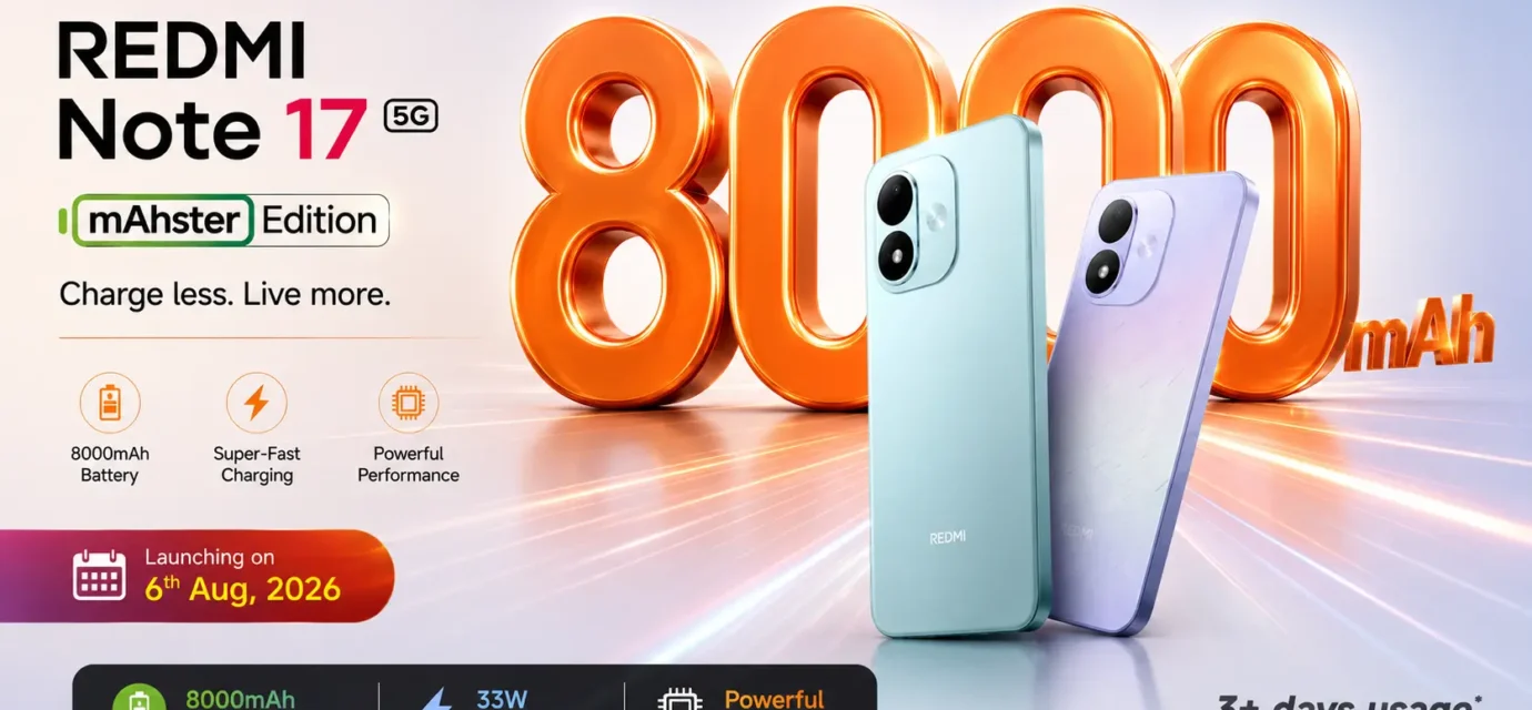 Redmi Note 17 in blue featuring a massive 8000mAh battery and a large 7-inch Full HD+ display.