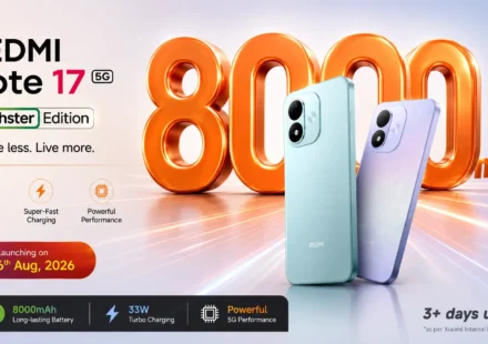 Redmi Note 17 in blue featuring a massive 8000mAh battery and a large 7-inch Full HD+ display.