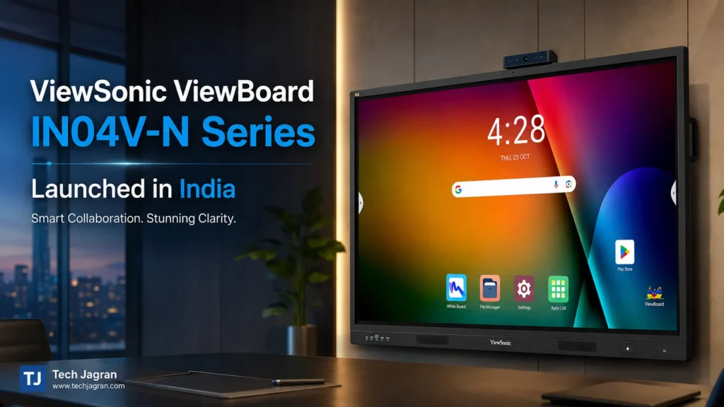 ViewSonic ViewBoard IN04V-N Series interactive 4K display showcasing the built-in 48MP AI camera in a corporate hybrid boardroom.