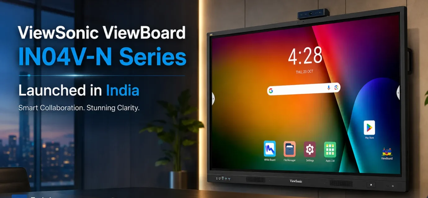 ViewSonic ViewBoard IN04V-N Series interactive 4K display showcasing the built-in 48MP AI camera in a corporate hybrid boardroom.