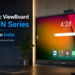 ViewSonic ViewBoard IN04V-N Series interactive 4K display showcasing the built-in 48MP AI camera in a corporate hybrid boardroom.