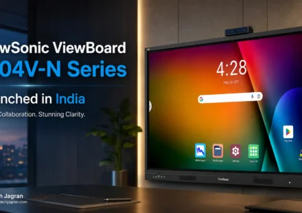ViewSonic ViewBoard IN04V-N Series interactive 4K display showcasing the built-in 48MP AI camera in a corporate hybrid boardroom.