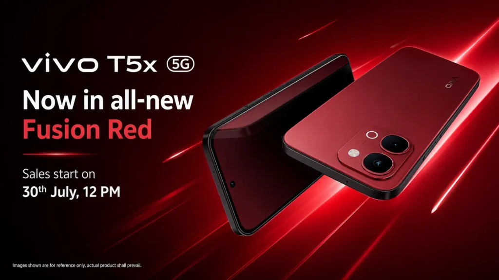 Vivo T5x 5G in Fusion Red showing 7,200mAh battery design and 120Hz display layout.