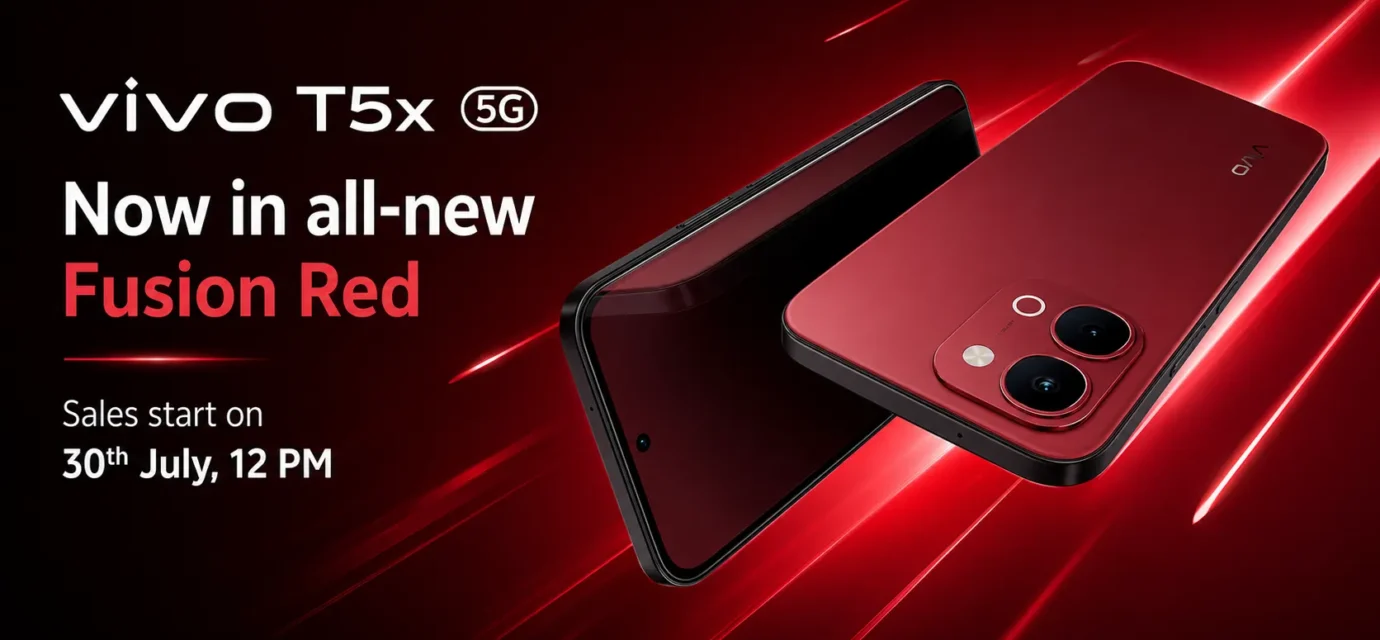 Vivo T5x 5G in Fusion Red showing 7,200mAh battery design and 120Hz display layout.