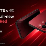 Vivo T5x 5G in Fusion Red showing 7,200mAh battery design and 120Hz display layout.