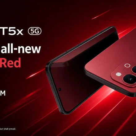 Vivo T5x 5G in Fusion Red showing 7,200mAh battery design and 120Hz display layout.