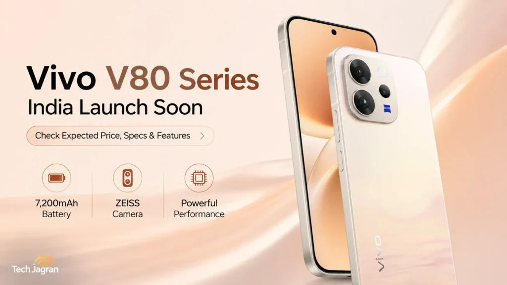 Vivo V80 series smartphone featuring a 6.59-inch 1.5K 144Hz display and ZEISS-tuned triple rear cameras.