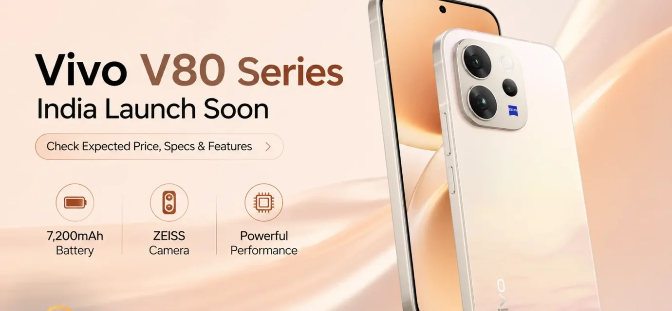 Vivo V80 series smartphone featuring a 6.59-inch 1.5K 144Hz display and ZEISS-tuned triple rear cameras.