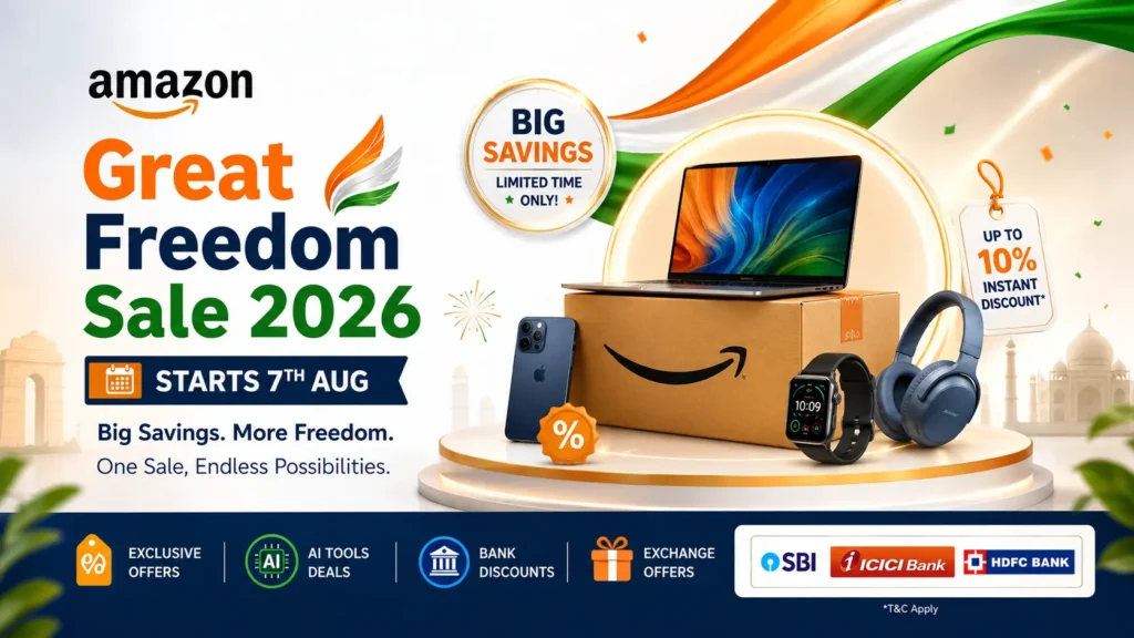 Amazon Great Freedom Sale 2026: Massive Deals and AI Shopping Tools. Amazon Great Freedom Sale 2026 banner showing AI tools like Rufus and Lens AI with bank discount offers.