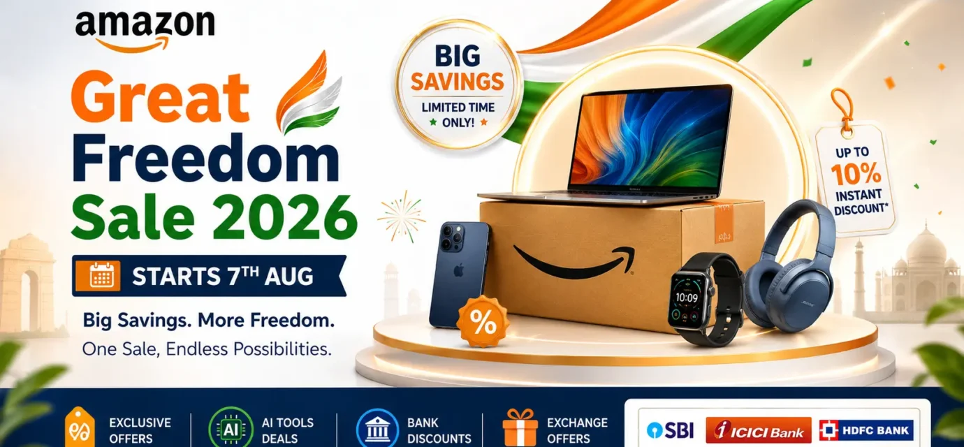 Amazon Great Freedom Sale 2026 banner showing AI tools like Rufus and Lens AI with bank discount offers.