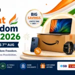 Amazon Great Freedom Sale 2026 banner showing AI tools like Rufus and Lens AI with bank discount offers.