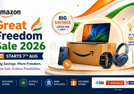 Amazon Great Freedom Sale 2026 banner showing AI tools like Rufus and Lens AI with bank discount offers.