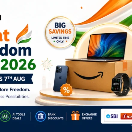 Amazon Great Freedom Sale 2026 banner showing AI tools like Rufus and Lens AI with bank discount offers.