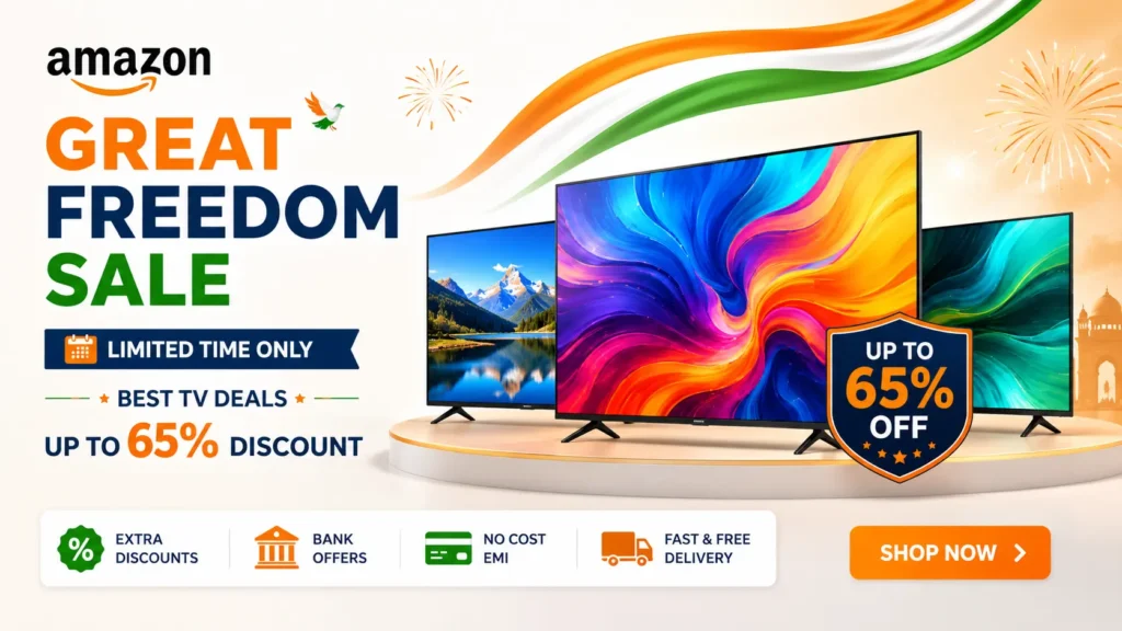 Amazon Great Freedom Sale: Best Smart TV Deals & Price Cuts. Amazon Great Freedom Sale best TV deals showing discounts up to 65 percent on Samsung, LG, Sony, and Xiaomi smart TVs.