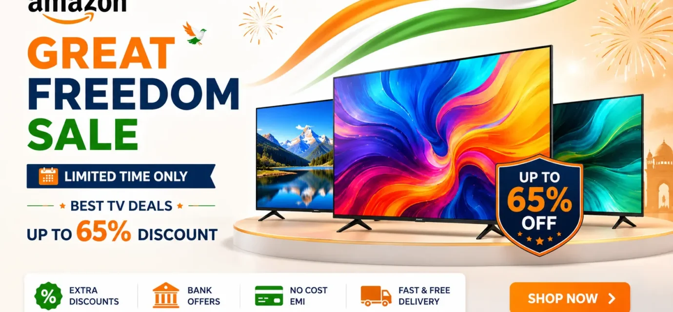 Amazon Great Freedom Sale best TV deals showing discounts up to 65 percent on Samsung, LG, Sony, and Xiaomi smart TVs.