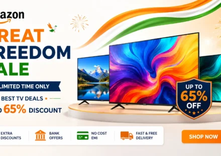 Amazon Great Freedom Sale best TV deals showing discounts up to 65 percent on Samsung, LG, Sony, and Xiaomi smart TVs.