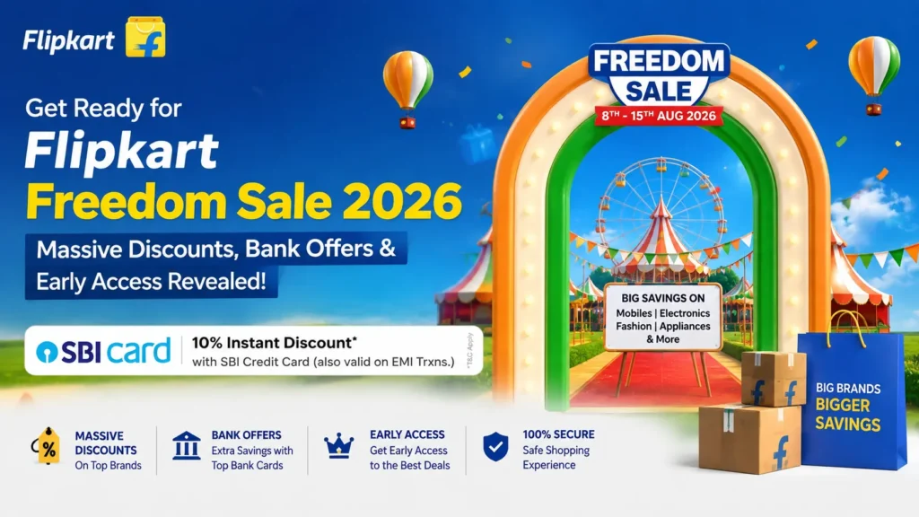Flipkart Freedom Sale 2026: SBI Offers, Early Access & Top Deals. Flipkart Freedom Sale 2026 promotional banner showing SBI credit card offers and discounted smartphones.