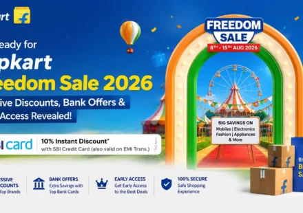 Flipkart Freedom Sale 2026 promotional banner showing SBI credit card offers and discounted smartphones.