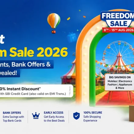 Flipkart Freedom Sale 2026 promotional banner showing SBI credit card offers and discounted smartphones.