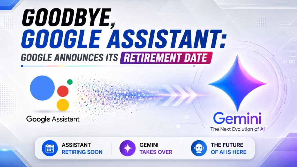 Goodbye Google Assistant: Gemini Takeover Starts September 2026. Google Assistant retirement banner showing transition to Gemini AI on Android devices