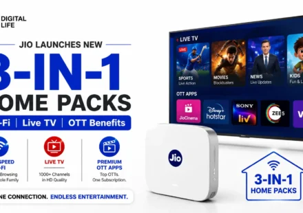 Jio 3-in-1 Home Packs banner showing Wi-Fi, 1,000+ live TV channels, and 12+ OTT app subscriptions.