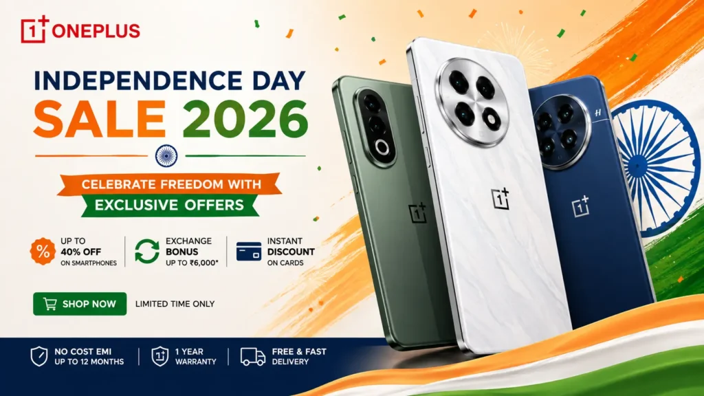 OnePlus Independence Day Sale 2026: Massive Price Cuts & Free Accessories. OnePlus Independence Day Sale 2026 banner featuring OnePlus 15, Nord CE 6, and OnePlus Pad 4 with Stylo Pro.