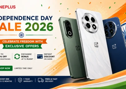 OnePlus Independence Day Sale 2026 banner featuring OnePlus 15, Nord CE 6, and OnePlus Pad 4 with Stylo Pro.