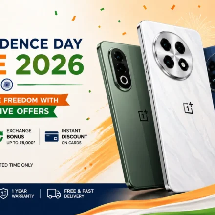 OnePlus Independence Day Sale 2026 banner featuring OnePlus 15, Nord CE 6, and OnePlus Pad 4 with Stylo Pro.