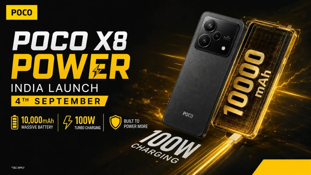 POCO X8 Power featuring a 10000mAh battery, 100W fast charging, and 6.83-inch 1.5K 120Hz OLED display.