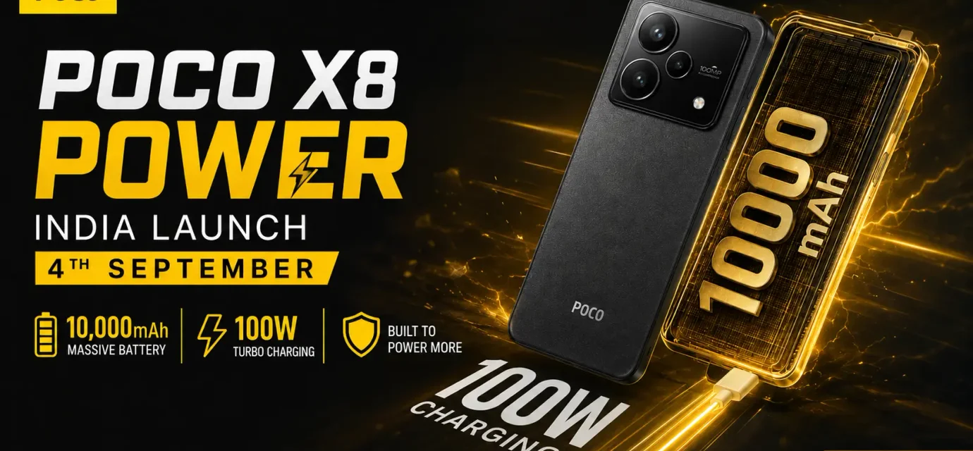 POCO X8 Power featuring a 10000mAh battery, 100W fast charging, and 6.83-inch 1.5K 120Hz OLED display.