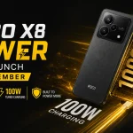 POCO X8 Power featuring a 10000mAh battery, 100W fast charging, and 6.83-inch 1.5K 120Hz OLED display.