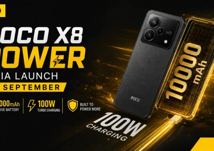 POCO X8 Power featuring a 10000mAh battery, 100W fast charging, and 6.83-inch 1.5K 120Hz OLED display.