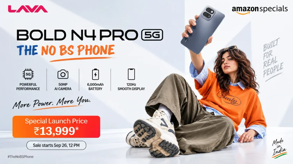 Lava Bold N4 Pro 5G: Budget 6000mAh Battery Phone with 120Hz Display. Lava Bold N4 Pro 5G smartphone showing a 6.75-inch 120Hz display and a 50MP AI dual camera setup.