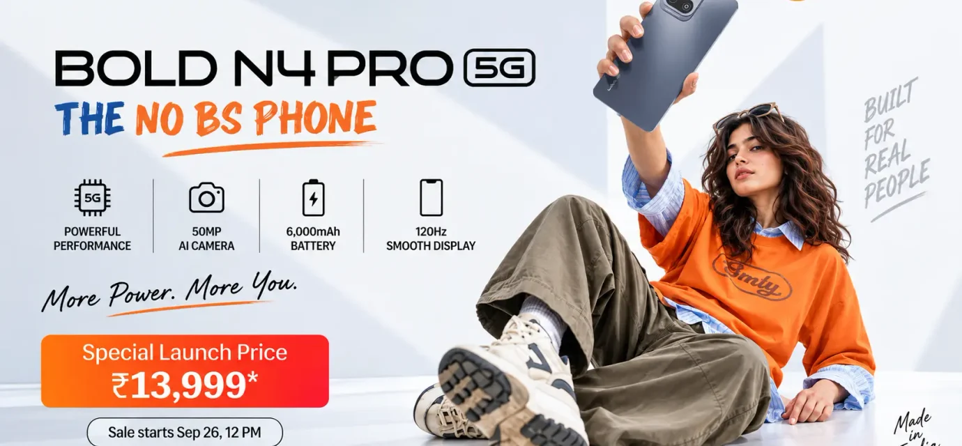 Lava Bold N4 Pro 5G smartphone showing a 6.75-inch 120Hz display and a 50MP AI dual camera setup.