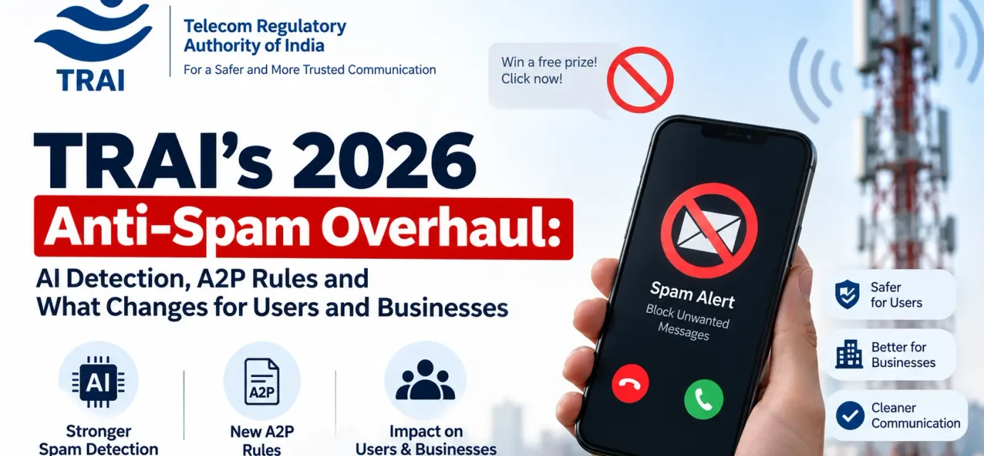 TRAI anti-spam regulations 2026 showing AI spam detection systems and A2P call restrictions.